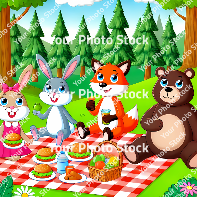 Stock Photo of animals in the forest eating characters illustration 2d