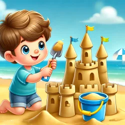 Stock Photo of child playing on the sand in the beach illustration 2d