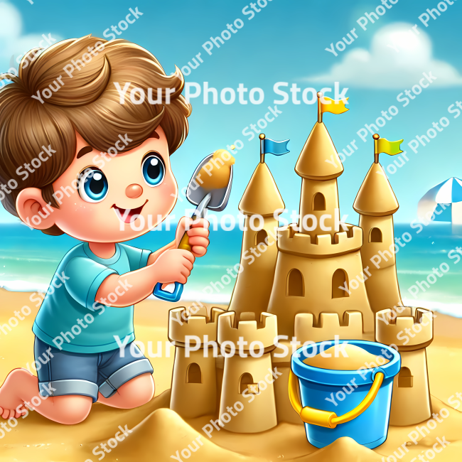 Stock Photo of child playing on the sand in the beach illustration 2d