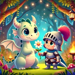 Stock Photo of dragon and boy with helmet giving flower illustration 2d