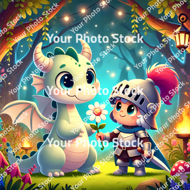 Stock Photo of dragon and boy with helmet giving flower illustration 2d