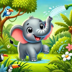 Stock Photo of elephant in the jungle with tucan birds illustration 2d
