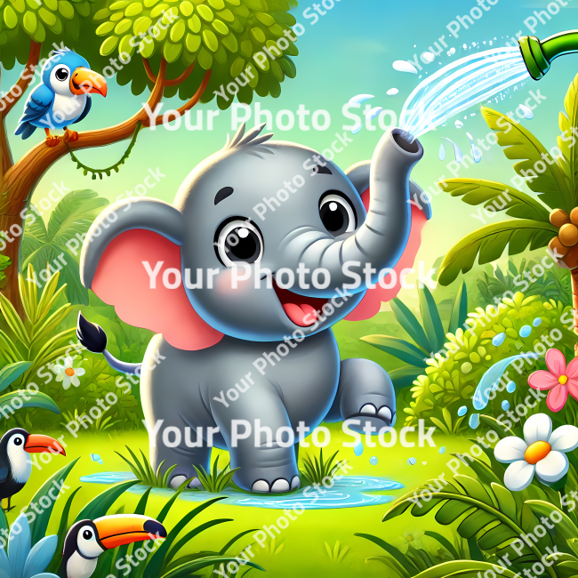 Stock Photo of elephant in the jungle with tucan birds illustration 2d