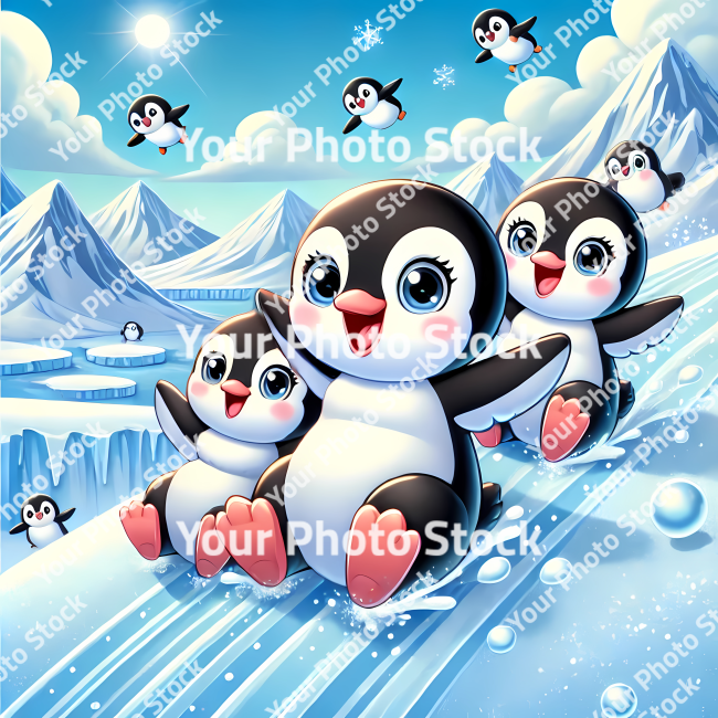 Stock Photo of penguins falling in the snow characters 2d illustration