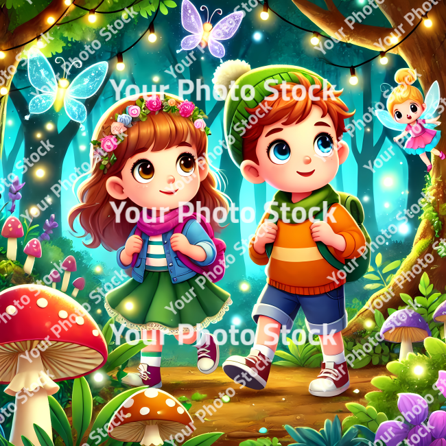 Stock Photo of childrens in the forest boy and girl magic illustration 2d