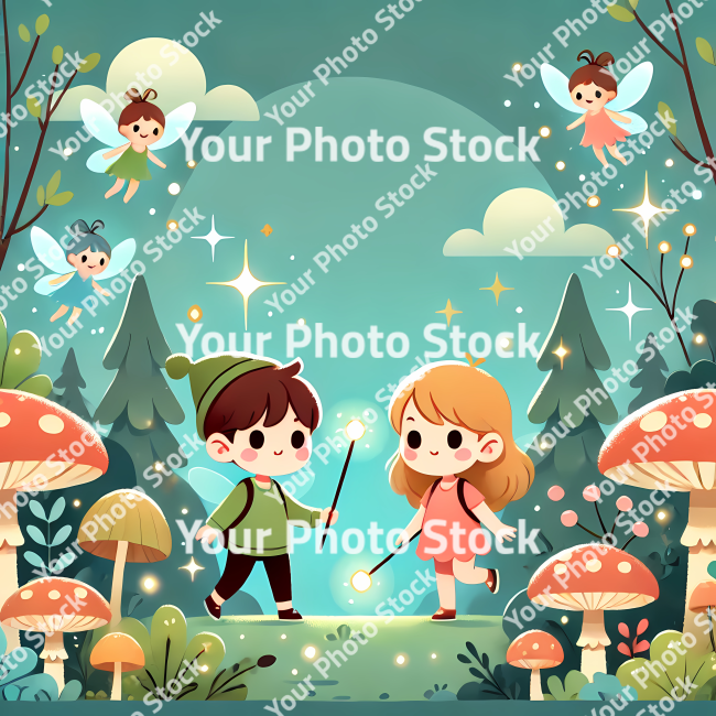 Stock Photo of childrens kids with magic in the forest illustration 2d