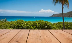 Stock Photo of table wood for product visualization in the tropical beach