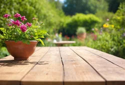 Stock Photo of table with flowers for product visualization in the garden