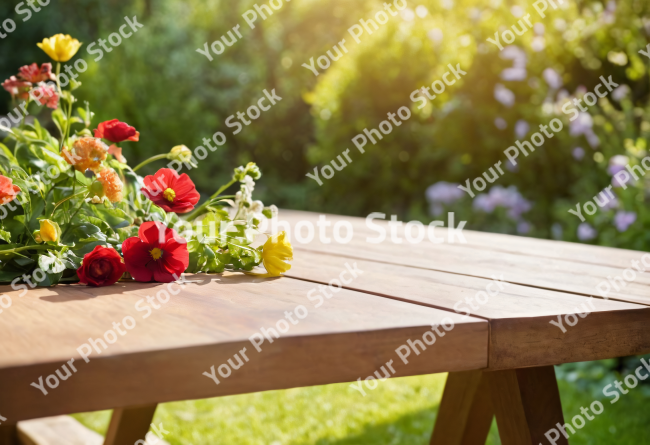 Stock Photo of table with flowers for product visualization in the garden