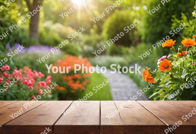 Stock Photo of table with flowers for product visualization in the garden