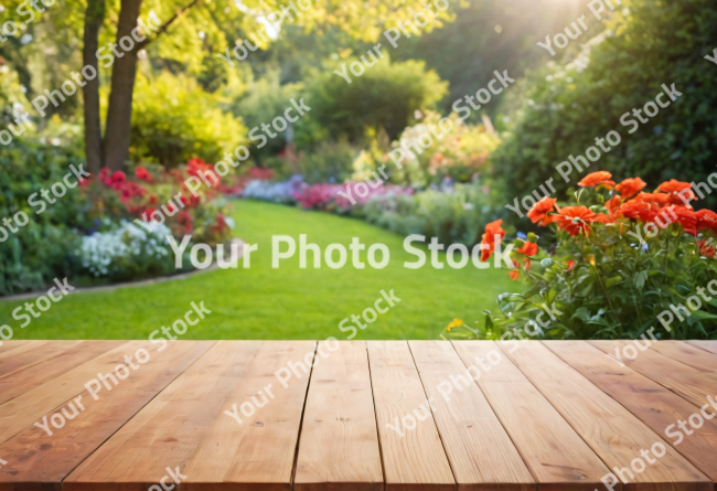 Stock Photo of table with flowers for product visualization in the garden