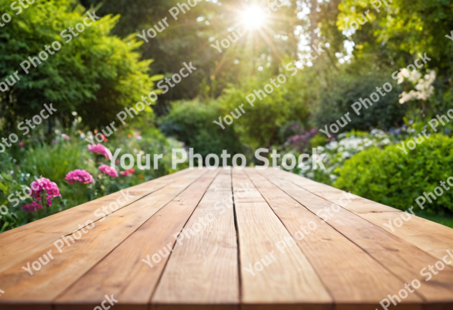 Stock Photo of table with flowers for product visualization in the garden