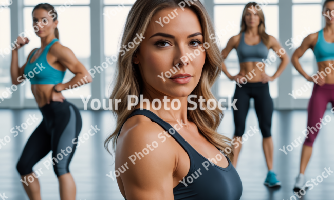 Stock Photo of group of people doing fitness exercise woman fitness blonde woman american sport clothes coach trainer