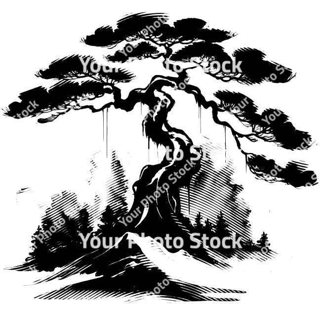 Stock Photo of tree with roots ink illustration 2d sketch nature