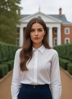 Stock Photo of portrait of a beautiful woman in garden outdoor long hair brown young and white clothes looking at camera business woman