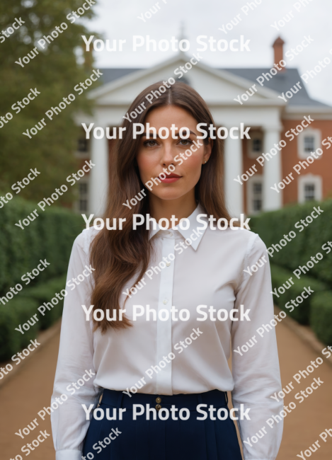 Stock Photo of portrait of a beautiful woman in garden outdoor long hair brown young and white clothes looking at camera business woman