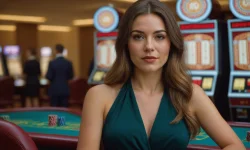 Stock Photo of woman in casino looking at camera using green dress long hair red lips playing casino