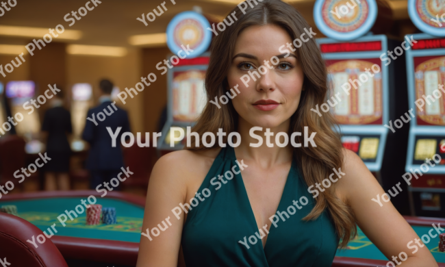 Stock Photo of woman in casino looking at camera using green dress long hair red lips playing casino