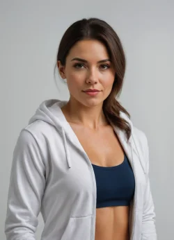 portrait of a beautiful woman fitness sport casual with jacket white and blue sport clothes looking at camera on studio
