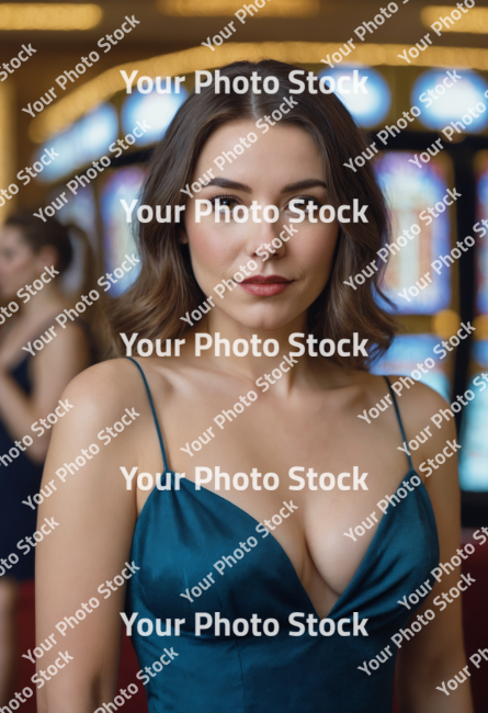 Stock Photo of woman in casino with dress green red lips beautiful woman blonde fashion