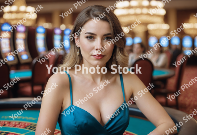 Stock Photo of woman in casino with dress green red lips beautiful woman blonde fashion