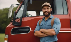 Young male truck driver standing in side of his truck, arms crossed, smiling at the camera, bearded man, wearing a hat blue