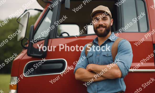 Stock Photo of Young male truck driver standing in side of his truck, arms crossed, smiling at the camera, bearded man, wearing a hat blue