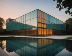 Stock Photo of building skycraper glass at sunset with water pool blue and orange trees enviroment exterior modern building