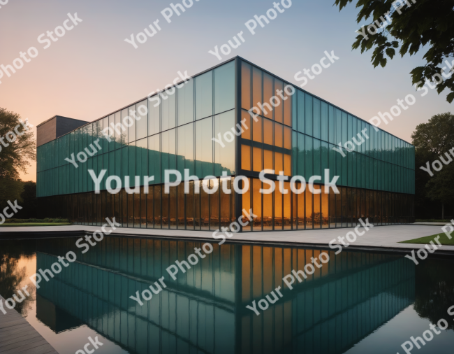 Stock Photo of building skycraper glass at sunset with water pool blue and orange trees enviroment exterior modern building