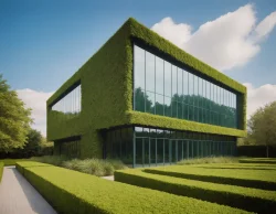 building in the park covered with nature glass skycaper grass green and sky with clouds modern outdoor garden industrial architecture