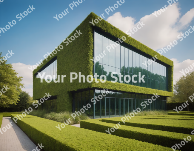 Stock Photo of building in the park covered with nature glass skycaper grass green and sky with clouds modern outdoor garden industrial architecture