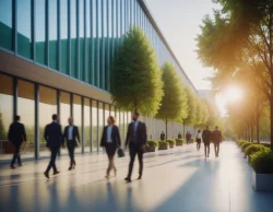 Stock Photo of business people in the office building blurred in the day sun executives formal executives people in outdoor street group crowd building glass and trees