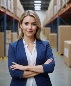 young blonde business woman in warehouse storage delivery job executive woman beautiful in logistic area