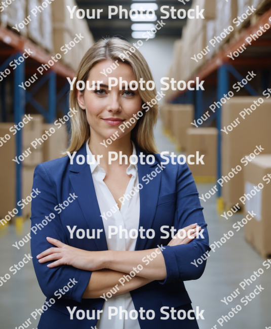 Stock Photo of young blonde business woman in warehouse storage delivery job executive woman beautiful in logistic area