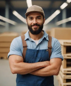 worker man with beard in ware house delivery crossing arms, deliver factory job person isolated