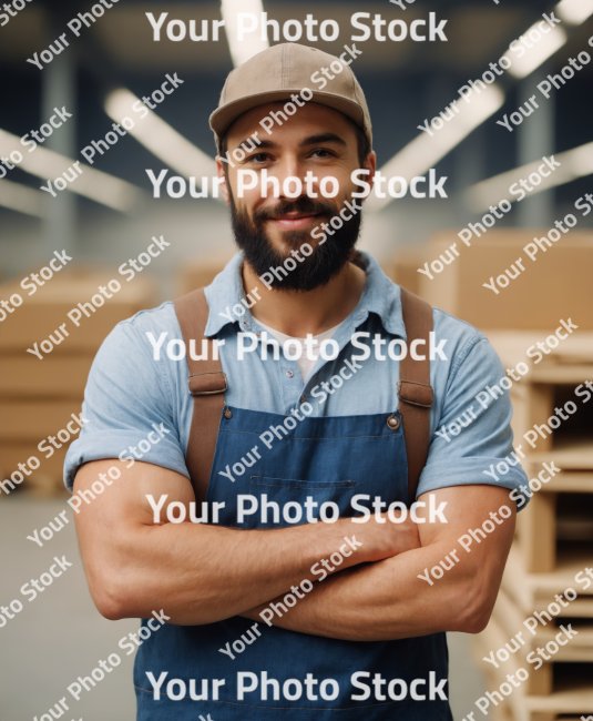 Stock Photo of worker man with beard in ware house delivery crossing arms, deliver factory job person isolated