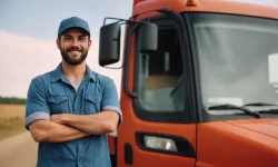young male man professional truck driver in the side of truck crossing arms with hat with beard smiling
