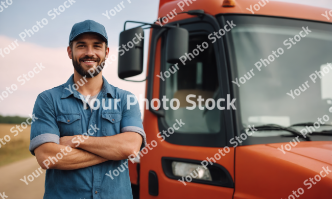 Stock Photo of young male man professional truck driver in the side of truck crossing arms with hat with beard smiling