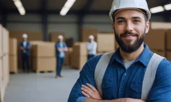 young male man professional in warehouse crossing arms white hat with beard smiling