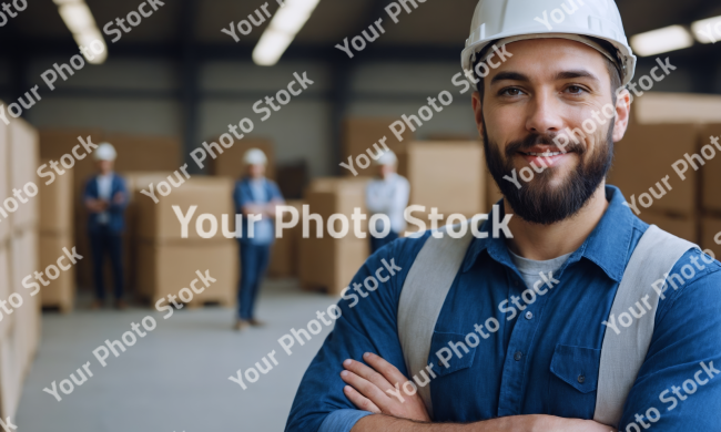 Stock Photo of young male man professional in warehouse crossing arms white hat with beard smiling