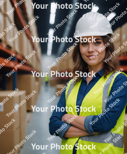 Stock Photo of worker woman in ware house delivery crossing arms, deliver factory job person isolated using security jacket white helmet