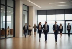 Stock Photo of business people in the office building blurred in the day sun executives formal executives people in hall group crowd