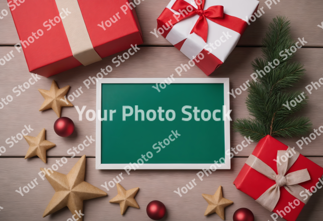 Stock Photo of christmas card with gift box christmas in july card with copy space wood pine decorations ribbon ornament xmas