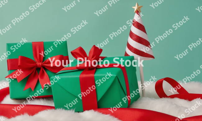 Stock Photo of christmas card with gift box christmas in july card with copy space wood pine decorations ribbon ornament xmas