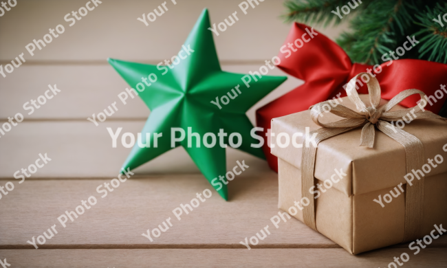 Stock Photo of christmas card with gift box christmas in july card with copy space wood pine decorations ribbon ornament xmas