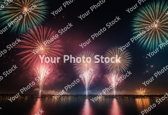 Stock Photo of fireworks in the city over the river new year christmas in july celebration in night colorful festival holiday