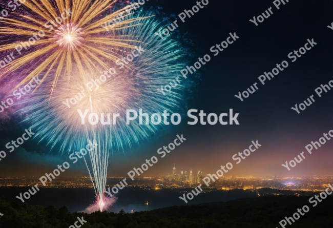 Stock Photo of fireworks in the city over the river new year christmas in july celebration in night colorful festival holiday