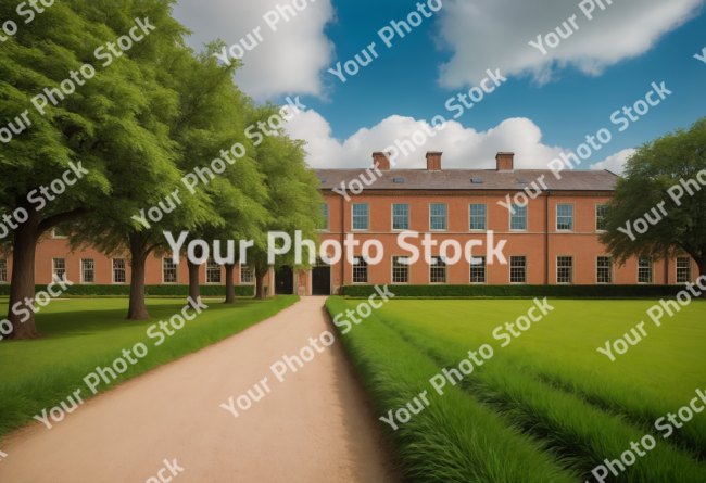 Stock Photo of castle in the park with green nature trees glamour rich mansion with blue sky palace luxury