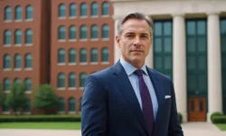 Stock Photo of businessman in front of building middle-aged male businessman standing with an office building in the background