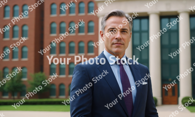 Stock Photo of businessman in front of building middle-aged male businessman standing with an office building in the background